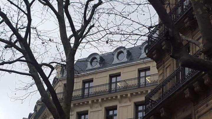 Toiture mansardée et lucarnes à travers la végétation Créteil