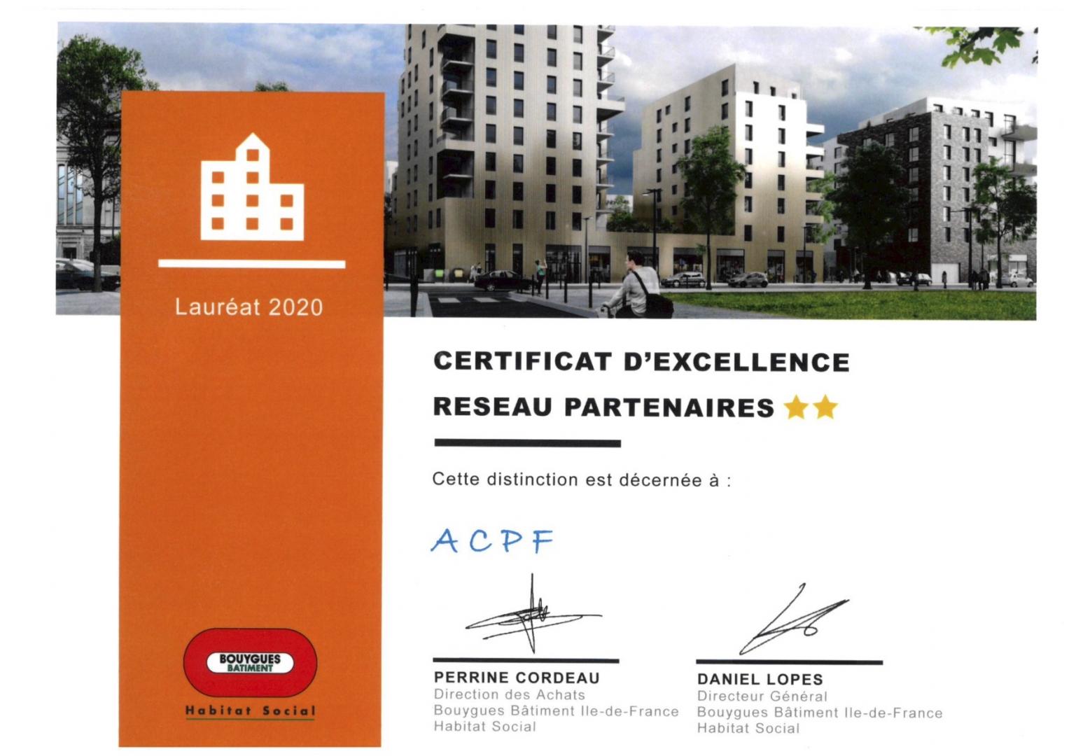 TRAVAUX EXECUTES POUR BOUYGUES Certificat d'excellence
